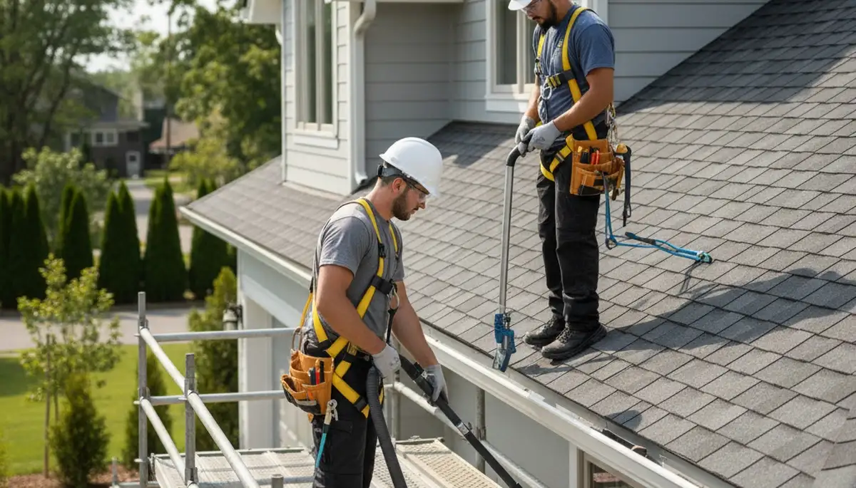 Milwaukee, WI gutter repair by siding contractors fixing storm-damaged gutters on a home